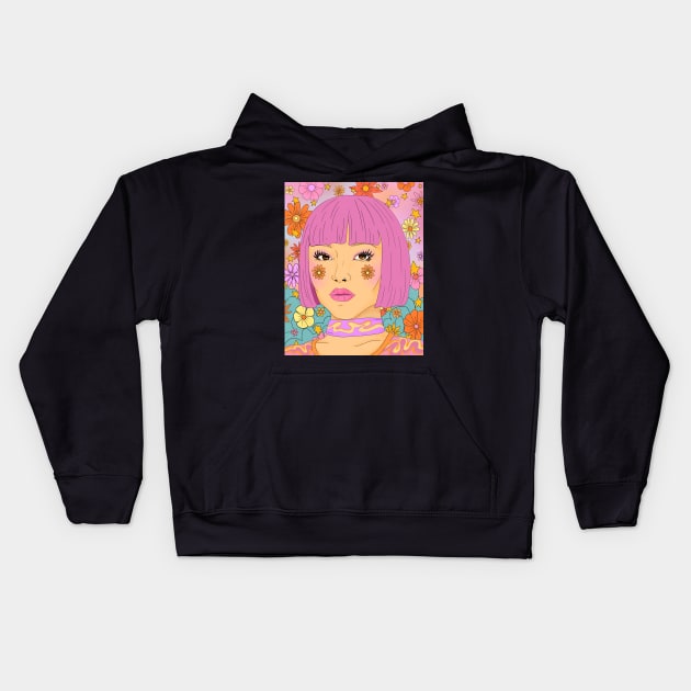 Flower Girl - Retro Portrait Kids Hoodie by rosiemoonart